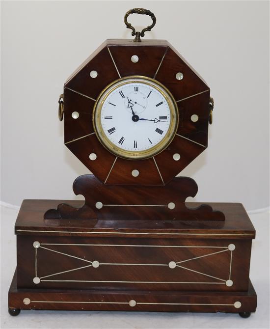 An early 19th century inlaid mahogany mantel timepiece, 16.5in.